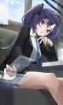  1girl :o absurdres bare_legs black_jacket blazer blue_archive blue_necktie blush breasts c2h6o cup feet_out_of_frame head_tilt highres hologram indoors jacket long_hair looking_at_viewer medium_breasts mug necktie open_mouth purple_eyes purple_hair sitting solo steam two_side_up window yuuka_(blue_archive) 