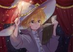 1boy blonde_hair blush book brown_hair commentary hat highres holding holding_book holding_wand male_child male_focus meru_lotte original reading red_curtains robe shirt solo sparkle studying symbol-only_commentary upper_body wand white_shirt wizard_hat 