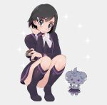  1boy ace_trainer_(pokemon) ace_trainer_(pokemon)_(cosplay) black_hair boots calem_(pokemon) closed_mouth clothed_pokemon commentary_request cosplay dress espurr eyelashes grey_eyes hair_ornament hairclip hand_up highres holding holding_poke_ball knee_boots knees long_sleeves looking_at_viewer luxury_ball male_focus nail_polish neck_ribbon poke_ball pokemon pokemon_(creature) pokemon_(game) pokemon_xy red_nails ribbon sana_(37pisana) shiny_skin short_hair smile sparkle squatting thighs white_ribbon 