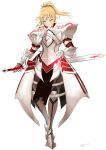  1girl armor artist_name blonde_hair clarent_(fate) closed_mouth fate/apocrypha fate/grand_order fate_(series) full_body gauntlets green_eyes hair_ornament hair_scrunchie highres holding holding_sword holding_weapon long_hair looking_at_viewer mordred_(fate) mordred_(fate/apocrypha) ponytail porroll red_scrunchie scrunchie serious solo sword weapon white_background 