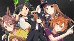  5girls adjusting_clothes adjusting_headwear alternate_costume animal_ears artist_name baseball_cap black_hair black_headwear black_jacket black_pants blue_eyes brown_hair commentary_request crossed_legs dark_background ear_covers ear_ornament ears_through_headwear grass_wonder_(umamusume) hair_between_eyes hair_ornament hairclip hat highres holding holding_microphone hood hood_down hoodie horse_ears horse_girl jacket jewelry long_hair looking_at_viewer medium_hair microphone multiple_girls multiple_rings narita_taishin_(umamusume) one_eye_closed open_clothes open_jacket open_mouth orange_hair pants parted_lips red_eyes ring ryuu_(ryuraconis) short_hair simple_background smile sweatpants t.m._opera_o_(umamusume) teeth umamusume umayuru upper_teeth_only winning_ticket_(umamusume) yellow_hoodie yukino_bijin_(umamusume) 