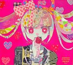  1girl alternate_costume bow danganronpa_(series) danganronpa_another_episode:_ultra_despair_girls fake_horns hairband hand_up heart heart-shaped_pupils highres holding horns long_hair looking_at_viewer multicolored_hair pink_eyes pink_hair polka_dot polka_dot_bow red_eyes shirt solo symbol-shaped_pupils tagme tubura89 twintails utsugi_kotoko white_shirt 