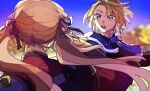  1boy 1girl blonde_hair blue_cape blue_eyes blurry blurry_background cape dimitri_alexandre_blaiddyd edelgard_von_hresvelg facing_another fire_emblem fire_emblem:_three_houses from_behind grey_hair hair_ribbon highres light_blush long_hair looking_at_another mi_cha_iru open_mouth parted_bangs purple_ribbon ribbon short_hair twintails upper_body wide-eyed 