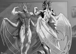  absurd_res anthro black_and_white black_white_body digital_media_(artwork) dragon hi_res horn male mirror mirror_reflection monochrome muscular muscular_anthro muscular_male nude reflection rinkamo simple_background smile solo white_body wings 
