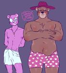  2023 anthro balls_outline bear black_nose blush brown_body bulge clothing dongoverlord duo eyewear genital_outline glasses hat headgear headwear hi_res male male/male mammal navel padre_(unicorn_wars) penis_outline purple_body sargento_caricias underwear unicorn_wars 