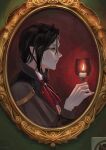  1boy absurdres ascot bishounen black_hair brown_coat brown_eyes candle closed_mouth coat cup drinking_glass eyelashes faux_traditional_media highres holding holding_cup long_hair long_sleeves male_focus monocle museum nijisanji picture_frame pointy_ears profile red_ascot shellin_burgundy shirt signature solo tebeneme3 vest white_shirt wine_glass 