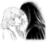  2girls blush elden_ring fia_the_deathbed_companion grabbing_another&#039;s_chin greyscale hand_on_another&#039;s_chin hood hood_up kari_(kakko_k) monochrome multiple_girls roderika_(elden_ring) white_background yuri 