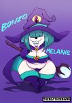  1_eye anthro belly breasts canid canine canis cape chihuahua cleavage clothed clothing covered_eyes domestic_dog duo female green_hair hair hi_res legwear living_hat mammal melanie_(thedeathcrow05) navel smile stockings thedeathcrow05 toy_dog underwear white_body witch_costume 