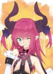  1girl aqua_eyes blush curled_horns dragon_horns elizabeth_bathory_(fate) elizabeth_bathory_(fate/extra_ccc) fate/extra fate/extra_ccc fate_(series) finger_cots flat_chest horns long_hair looking_at_viewer one_eye_closed parted_lips pink_hair pointy_ears revealing_clothes smile solo tenoo12 two-tone_background upper_body 