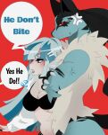  absolise absurd_res anthro blue_body blue_hair blue_lipstick blush canid canine clothed clothing digital_media_(artwork) duo female fur generation_4_pokemon hair hi_res human humanoid lipstick lucario makeup male male/female mammal nintendo pokemon pokemon_(species) simple_background text 