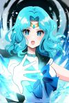  1girl aqua_eyes aqua_gemstone aqua_hair aqua_sailor_collar back_bow bishoujo_senshi_sailor_moon blue_bow blue_bowtie blue_choker bow bowtie brooch choker elbow_gloves gloves highres jewelry kaiou_michiru koharumichi long_hair parted_bangs sailor_collar sailor_neptune shirt short_sleeves solo wavy_hair white_gloves white_shirt 