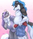  &lt;3 &lt;3_eyes amp_(metrochief) anthro belly big_bulg blizzie_(blizzieart) blizzieart blue_hair bottomwear breasts butt button_ears canid canine canis chest_tuft cleavage clothed clothing countershading domestic_dog duo felid female floppy_ears hair hand_on_face hand_on_own_face hi_res husky male male/female mammal meme musclegut nordic_sled_dog overweight overweight_anthro overweight_female pantherine penis_awe pulling_up_pants purple_hair romantic romantic_couple shorts snow_leopard spitz tight_pants_(meme) tuft undercut underwear 