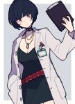 1girl belt black_choker black_dress black_hair blunt_bangs blush bob_cut border breasts brown_eyes buttons choker cleavage clipboard closed_mouth coat collarbone commentary_request do_m_kaeru dress fingernails grey_background hand_in_pocket holding holding_clipboard jewelry lab_coat long_sleeves looking_at_viewer medium_breasts necklace open_clothes open_coat outside_border persona persona_5 pocket red_belt red_nails short_hair simple_background solo studded_choker takemi_tae white_border white_coat 
