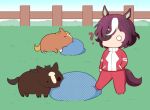  1girl ? admire_japan_(racehorse) animal_ears brown_hair commentary creature_and_personification ear_ornament eyepatch fence gomashio_(goma_feet) grass hair_over_one_eye hand_in_pocket head_on_pillow horse horse_ears horse_girl horse_tail kicking long_sleeves minimized multicolored_hair o_o one_eye_covered outdoors real_life red_track_suit short_hair streaked_hair tail tanino_gimlet_(racehorse) tanino_gimlet_(umamusume) two-tone_hair umamusume white_hair wooden_fence yogibo 
