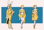  3girls animal_ears ashelia_b'nargin_dalmasca braid breasts casual closed_mouth dress final_fantasy final_fantasy_xii fran_(ff12) full_body greyscale high_heels highres jewelry long_hair midriff monochrome multiple_girls necklace penelo rabbit_ears short_hair shorts siotomato twin_braids twintails 