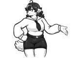  absurd_res anthro big_breasts black_hair bottomwear breasts canid canine clothing curled_hair curls dynogreeno eyelashes female fluffy fluffy_tail hair hi_res mammal necktie piercing shorts solo tail thick_thighs white_clothing 