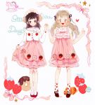  2girls :o ankle_socks artist_name blonde_hair blush_stickers bow brown_eyes brown_footwear brown_hair brown_ribbon buttons center_frills chocolate_strawberry clothes_lift collar collared_jacket collared_shirt commentary dessert doughnut_print dress dress_lift english_commentary english_text eyeshadow food food_print frilled_collar frilled_dress frilled_socks frills full_body hair_ribbon hat heart high_heels highres holding_hands jacket lifted_by_self lolita_fashion long_hair long_sleeves looking_at_viewer macaron makeup mary_janes medium_hair multiple_girls open_mouth original pink_bow pink_dress pink_eyeshadow pink_headwear pink_ribbon pointing pointing_up polka_dot_socks puffy_short_sleeves puffy_sleeves pumps putong_xiao_gou red_bow red_footwear ribbon rocking_horse shirt shoes short_dress short_sleeves sleeve_bow sleeveless sleeveless_dress smile socks sparkling_eyes star_(symbol) strawberry_print teeth unicorn upper_teeth_only white_background white_jacket white_shirt white_socks 