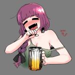  1girl =_= absurdres alcohol beer beer_mug blush bocchi_the_rock! braid breasts brown_hair cleavage collarbone cropped_torso cup dated dress drooling drunk fingernails green_dress hair_over_shoulder highres hiroi_kikuri holding holding_cup medium_breasts mouth_drool mug nail_polish nose_blush radish_p signature sleeveless sleeveless_dress smile solo strap_slip upper_body 