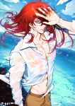  1boy artist_name bishounen blue_eyes diluc_(genshin_impact) eriimyon genshin_impact hair_over_one_eye hand_up highres long_hair male_focus ocean orange_eyes red_hair see-through shirt solo water wet wet_clothes wet_hair wet_shirt 