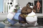  2019 2_horns anthro avian biceps biglovealicia black_hair bovid bovine brown_body brown_fur cattle cel_shading clothed clothing day detailed_background digital_media_(artwork) digitigrade duo duo_focus full-length_portrait fully_clothed fur green_body green_fur group gryphon hair horn huge_belly huge_moobs huge_thighs inside light lighting male mammal medical medical_instrument mythological_avian mythology nipples obese obese_male overweight overweight_male portrait scientific_instrument shaded signature smile standing tail tail_tuft thick_arms thick_thighs topless tuft unguligrade white_body white_fur white_hair window 