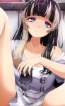  1girl absurdres black_hair blue_eyes blunt_bangs blush breasts clothes_writing cup fuyuhi_uta grey_hair highres holding holding_cup hololive hololive_dev_is juufuutei_raden long_hair medium_breasts multicolored_hair shirt sidelocks solo streaked_hair virtual_youtuber white_shirt 