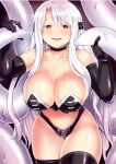  1girl black_collar black_gloves breasts cleavage collar detached_collar diana_filion elbow_gloves gloves highres holding_tentacle large_breasts long_hair looking_at_viewer navel open_mouth red_eyes solo tentacles white_hair yuusha_ga_shinda! 
