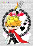  1boy black_pants black_vest blonde_hair bow cake cape chibi crown earrings food fork fruit giancarlo_bourbon_del_monte heart holding holding_fork jewelry licking_lips lucky_dog_1 oversized_object pants raspberry red_bow red_cape solo star_(symbol) strawberry tongue tongue_out toukei vest yellow_eyes 