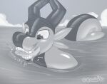  2023 animate_inanimate aradortd cruise_ship digital_drawing_(artwork) digital_media_(artwork) dragon hi_res inflatable living_inflatable macro merchant_ship monochrome narrowed_eyes object_in_mouth outside partially_submerged passenger_ship pool_toy sea ship signature size_difference vehicle water watercraft 