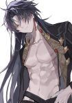  1boy abs antenna_hair black_sleeves blade_(honkai:_star_rail) closed_mouth earrings expressionless highres honkai:_star_rail honkai_(series) jewelry korean_commentary long_hair male_focus nipples open_clothes orange_eyes parted_bangs pectorals simple_background solo starim04 upper_body white_background 