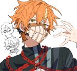  1boy barcode barcode_tattoo black_shirt blonde_hair chain clenched_teeth green_eyes hand_up highres hoshi-toge kick_it_up_a_notch_(project_sekai) looking_at_viewer multicolored_hair muzzle orange_hair project_sekai shinonome_akito shirt simple_background solo streaked_hair tattoo teeth turtleneck upper_body white_background 