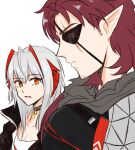  1boy 1girl arknights black_jacket collar collarbone eyepatch highres hoederer_(arknights) horns jacket looking_at_another meme one_eye_covered ong_(fyza2772) open_clothes open_jacket pointy_ears red_hair red_horns scar scar_across_eye sideburns surprised w_(arknights) white_background white_hair 