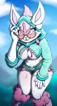  2023 absurd_res anthro biped bottomwear breasts cinderace cleavage clothed clothing cloud cloudscape curvy_figure eyebrows eyelashes eyewear female fingers fluffy fur generation_8_pokemon glasses green_clothing hand_on_leg hand_on_thigh hi_res hoodie lagomorph leaning leaning_forward leporid looking_at_viewer mammal minta_(negativedye) navel negativedye nintendo pink_body pink_eyes pink_fur pokemon pokemon_(species) shorts sky smile solo thick_thighs tongue tongue_out topwear white_body white_fur wide_hips 