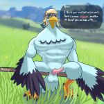  anthro avian avian_feet avian_penis aviator_cap balls beak bebop_badger bench bird detailed_background erection feather_hands feather_tuft feathered_wings feathers genitals goggles_on_face grass_field hi_res light looking_at_viewer male nintendo nude outdoor_nudity outside penis penn_(tloz) rito sitting solo speech_bubble sunlight tears_of_the_kingdom the_legend_of_zelda tuft wings 