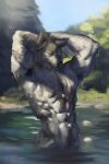  2023 abs anthro arm_scar armpit_hair bathing black_nose blancws body_hair canid canine canis chest_scar forest fur grey_body grey_fur hands_behind_head hi_res lake male mammal muscular muscular_anthro muscular_male navel nude one_eye_closed outdoor_nudity outside partially_submerged plant pubes scar skinny_dipping tree water wet wet_body wet_fur wolf 