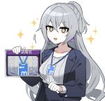  +_+ 1girl breasts bronya_zaychik bronya_zaychik_(silverwing:_n-ex) chinese_text collarbone commentary_request crossed_bangs earrings grey_eyes grey_hair high_ponytail highres honkai_(series) honkai_impact_3rd jewelry korean_commentary lix_(iroiro3843) long_hair long_sleeves medium_breasts office_lady open_mouth shirt simple_background solo star_(symbol) upper_body v-shaped_eyebrows white_background white_shirt 