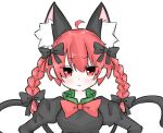  1girl :/ ahoge animal_ear_fluff animal_ears black_bow bow bowtie braid breasts cat_ears cat_tail commentary_request dress extra_ears fang fang_out frills fumomono glaring grey_dress hair_bow hair_ribbon hands_on_own_hips juliet_sleeves kaenbyou_rin light_blush long_hair long_sleeves medium_breasts multiple_tails nekomata puffy_sleeves red_bow red_bowtie red_eyes red_hair ribbon simple_background skin_fang solo straight-on tail touhou tress_ribbon twin_braids two_tails upper_body white_background 