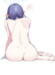  1girl aoi_(blue_archive) ass back barefoot blue_archive blue_hair blush cum cum_on_hair ear_blush earrings feet from_behind gloves halo highres jewelry leaning_forward nude pointy_ears short_hair shoulder_blades simple_background sitting sketch so_dasui1 soles solo spoken_blush toes white_gloves yokozuwari 
