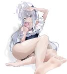  1girl absurdres animal_ears arm_up bare_legs barefoot blue_archive blue_one-piece_swimsuit blush cellphone enne_kl fake_animal_ears feet frilled_one-piece_swimsuit frills grey_hair halo highres holding holding_phone long_hair looking_at_viewer miyako_(blue_archive) miyako_(swimsuit)_(blue_archive) official_alternate_costume one-piece_swimsuit phone ponytail purple_eyes rabbit_ears simple_background smile solo swimsuit very_long_hair white_background 