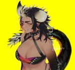 1girl absurdres breasts chigen_(drakkai10) choker cleavage clenched_teeth commentary dark-skinned_female dark_skin dragon_girl dragon_horns dragon_tail ear_piercing eyebrow_piercing fangs halterneck highres horns large_breasts monster_girl monster_hunter:_world monster_hunter_(series) multicolored_eyes multicolored_hair nergigante personification piercing pointy_ears sharp_teeth simple_background slit_pupils solo spiked_choker spikes streaked_hair tail teeth twitter_username two-tone_hair upper_body white_hair yellow_background yellow_eyes 