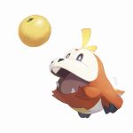  bright_pupils commentary fangs food fruit fuecoco grey_eyes highres mokuzou_(moku_ssbu) no_humans open_mouth pokemon pokemon_(creature) signature simple_background solo symbol-only_commentary tongue white_background white_pupils 
