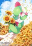  1girl artist_name blue_sky blurry blush bob_cut bonnet bow bowtie breasts capelet cloud colored_skin commentary day depth_of_field dutch_angle edna_faline email_address english_commentary flower gardevoir gardevoir_(fashionable) green_hair green_skin hair_over_one_eye hands_up happy holding holding_flower looking_at_viewer medium_breasts multicolored_skin one_eye_covered open_mouth outdoors own_hands_together petals pink_bow pink_bowtie pixiv_id pokemon pokemon_(creature) pokemon_(game) pokemon_unite red_eyes short_hair sky smile solo standing sunflower twitter_username two-tone_skin watermark web_address white_capelet white_headwear white_skin yellow_flower 