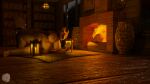  3d_(artwork) animal_skin_rug anthro argonian bethesda_softworks big_breasts book breasts candle digital_media_(artwork) female fire fireplace furniture hi_res horn inside justyschultz kia-ree_(ncs) nipples nude open_mouth reptile scales scalie solo solo_focus text the_elder_scrolls vase wood_floor 