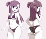  1girl absurdres abysswatchers ass bikini blush breasts cleavage collarbone highres kagari_atsuko little_witch_academia long_hair looking_at_viewer looking_back medium_breasts multiple_views navel open_mouth simple_background smile swimsuit 