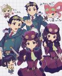  2boys 3girls ace_attorney belt black_eyes black_hair blonde_hair blue_eyes blue_jacket blunt_bangs bow-shaped_hair brown_gloves brown_hair chibi chibi_inset closed_mouth collared_shirt commentary_request cotton_candy detached_sleeves dress gloves goggles goggles_on_head goggles_on_headwear hair_rings hands_on_own_face herlock_sholmes highres index_finger_raised iris_wilson jacket long_sleeves looking_at_viewer mask mask_on_head multiple_boys multiple_girls necktie official_alternate_costume open_mouth pink_hair red_dress red_headwear red_necktie rei_membami ryunosuke_naruhodo shirt short_hair smile sparkle sparkling_eyes steampunk susato_mikotoba the_great_ace_attorney the_great_ace_attorney_2:_resolve translation_request yamunashi 