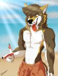  absurd_res anthro athletic athletic_anthro beach black_body black_fur bottomwear canid canine canis clothing depictionexpress fur hand_gesture hi_res light light_beam looking_at_viewer male mammal navel nipples one_eye_closed pubes seaside shorts solo solo_focus sunbeam sunlight tongue tongue_out white_body white_fur wink winking_at_viewer wolf yellow_body yellow_fur 