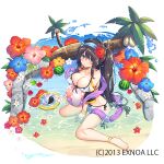  1girl anklet bare_shoulders between_legs black_hair blue_eyes blue_flower blush bracelet breasts chiri_(atlanta) cleavage collarbone flower food fruit hair_over_one_eye hand_between_legs hibiscus jewelry large_breasts long_hair looking_at_viewer official_art palm_tree pink_flower ponytail red_flower rinne_(sennen_sensou_aigis) sennen_sensou_aigis shallow_water simple_background sitting smile solo tree very_long_hair wariza water watermelon white_background white_flower yellow_flower yin_yang 