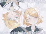  2girls black_bow black_sailor_collar black_shirt blonde_hair blue_eyes blush bow closed_eyes commentary dual_persona floral_background flower grey_background hair_bow hair_ornament hairclip half-closed_eyes highres kagamine_rin looking_at_viewer multiple_girls neckerchief pale_skin parted_lips rose rotational_symmetry sailor_collar sailor_shirt shirt short_hair swept_bangs turn3341 vocaloid white_bow white_flower white_rose white_sailor_collar white_shirt yellow_neckerchief 
