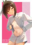  1girl blush breasts brown_eyes brown_hair buttons closed_mouth collared_shirt feet_out_of_frame highres i-401_(kancolle) kantai_collection long_sleeves navel ponytail sakieko shirt short_hair small_breasts smile solo white_shirt 
