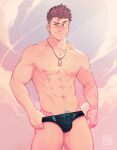  1boy abs arm_hair bara blush brotexbrotex brown_hair chest_hair closed_mouth cloud dog_tags earrings hand_on_own_hip highres jewelry male_focus male_swimwear muscular muscular_male nipples one_eye_closed original pectorals short_hair single_earring sky solo sweatdrop swim_briefs 