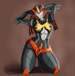  azzertyimages black_skin breasts brown_background colored_skin flame_print flamewar glowing glowing_eyes helmet highres humanoid_robot joints mechanical_wings medium_breasts metal_skin orange_panties panties pink_eyes robot robot_joints thighs transformers transformers_prime underwear wings 